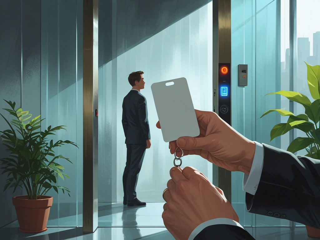 Office badge security illustration showing a hand presenting an access badge near a secure office entry while another person waits behind the access point