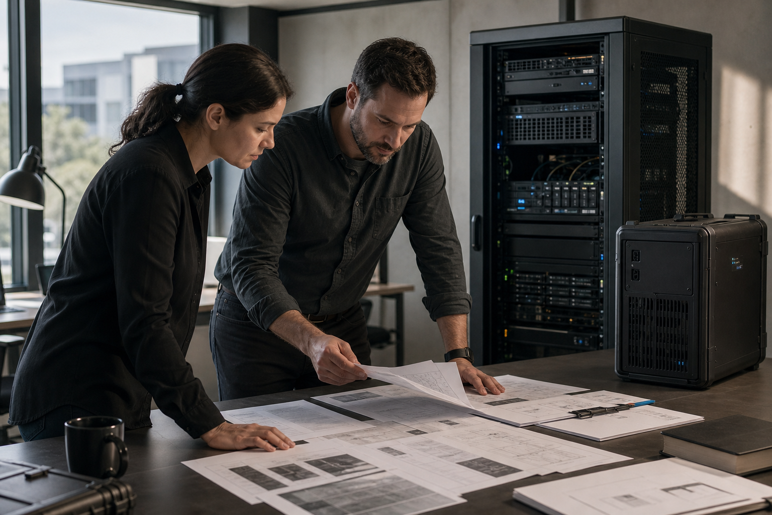 Open Secure AI Alliance editorial scene with a security operations table, printed threat reports, a server rack, and engineers reviewing an open AI defense workflow