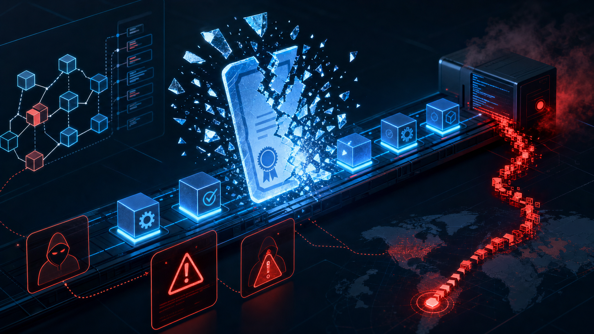 Code signing certificate and software supply chain compromise visualization with repository alerts and credential exfiltration trail
