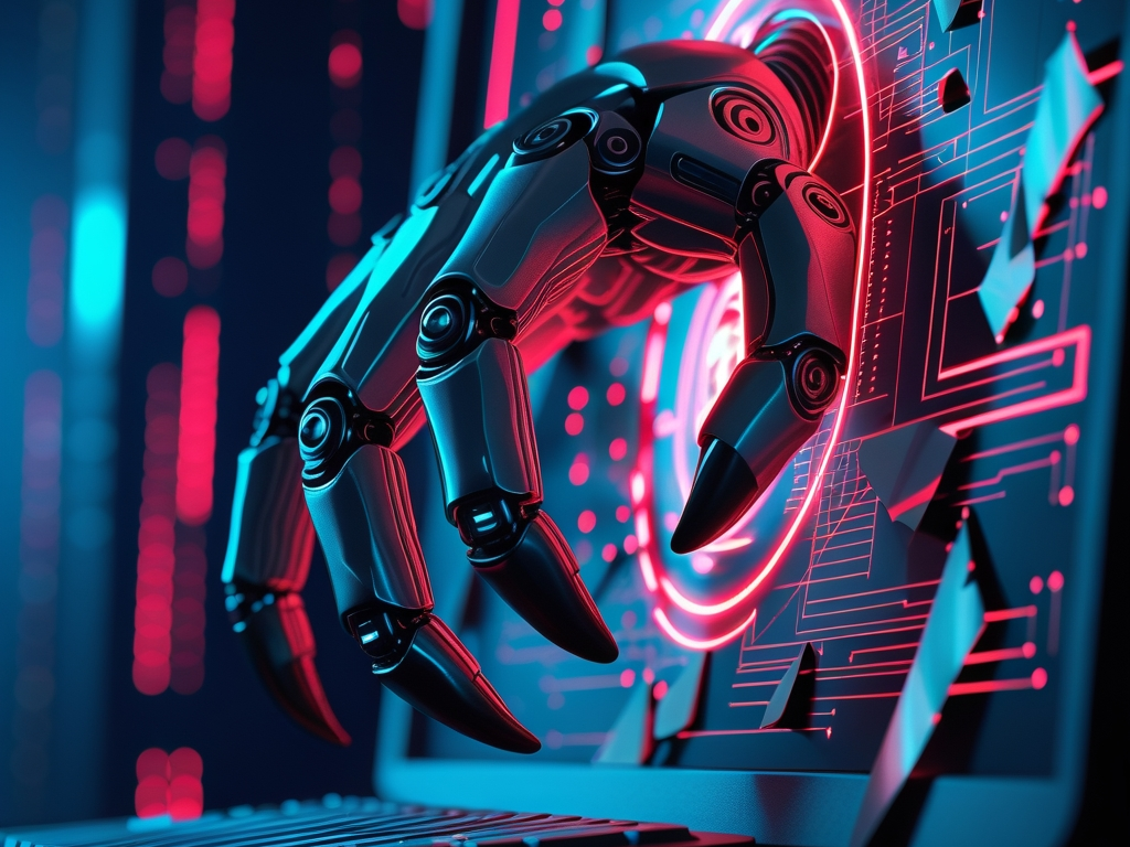 Cyberpunk visualization of OpenClaw AI agent security breach with robotic claw emerging from computer screen