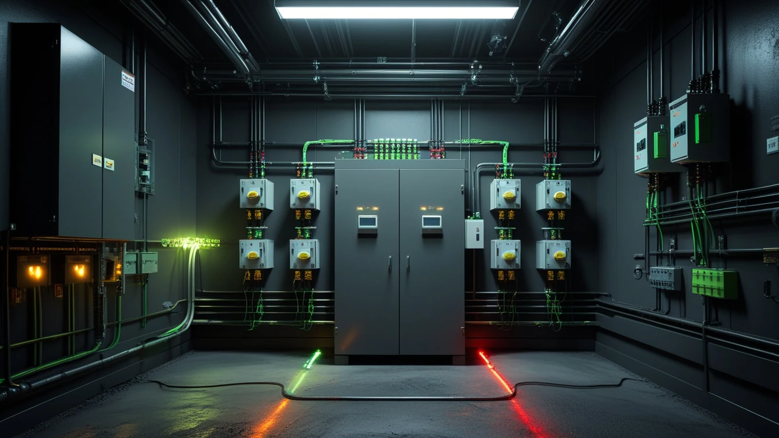 OT asset inventory scene mapping industrial controllers, sensors, and network paths in a dark factory control room