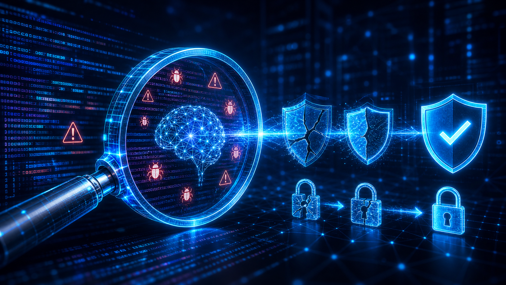 Frontier AI vulnerability discovery visualization showing AI scanning code for security flaws