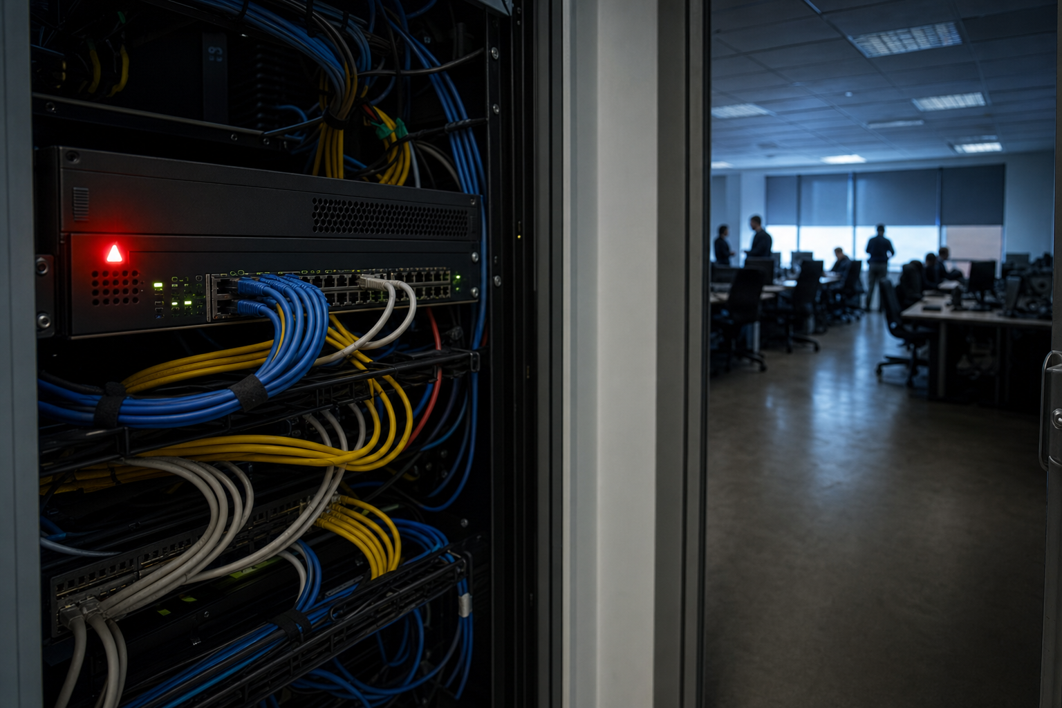Editorial scene of a rack-mounted VPN appliance with dense ethernet cables and a dark office floor beyond, representing a Palo Alto GlobalProtect vulnerability leading to ransomware risk