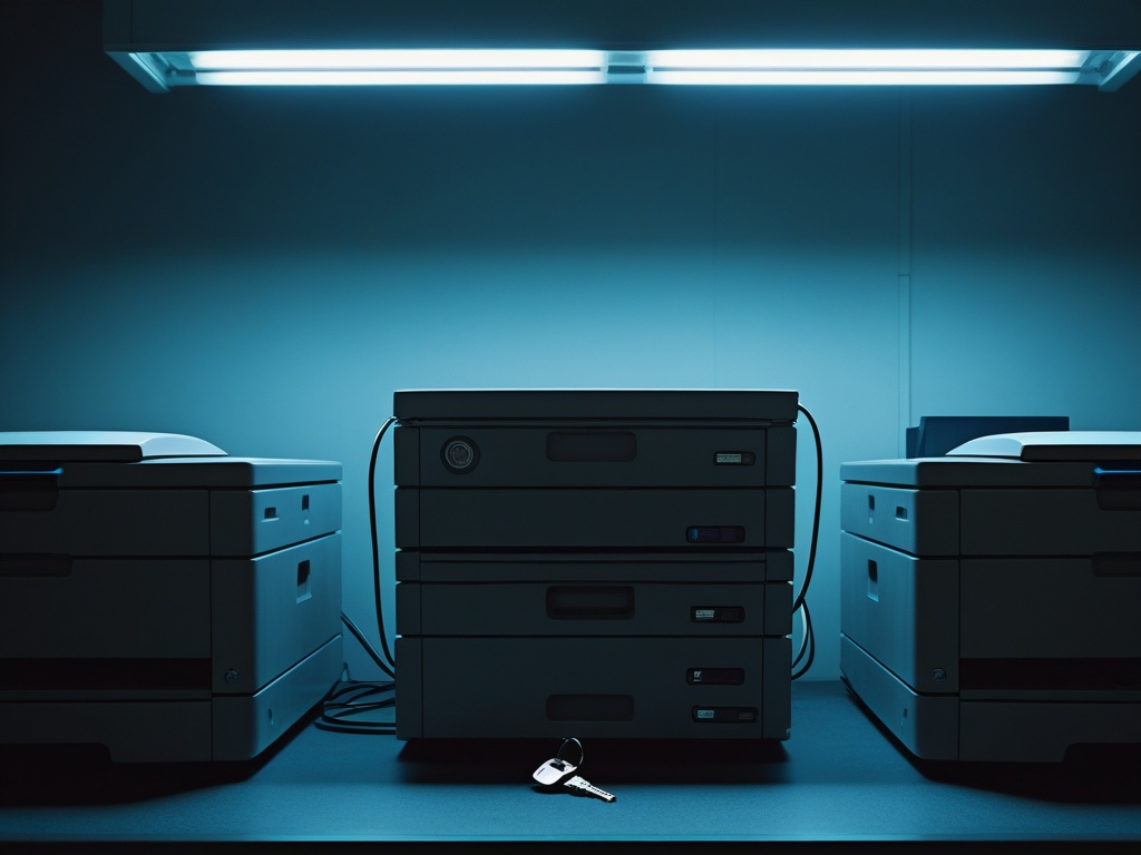 After-hours university print room with unmarked multifunction printers, a rack-mounted print server, network cables, and a plain metal access key