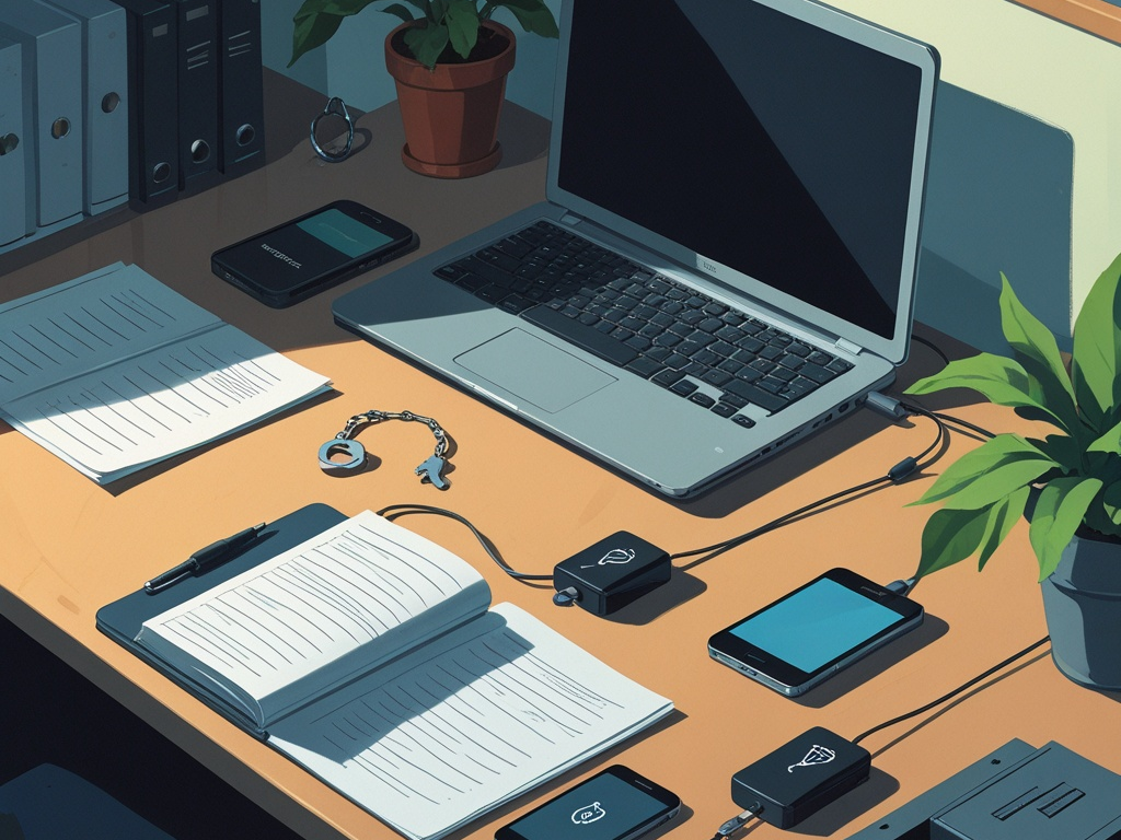 Editorial office desk scene with a work laptop, a hardware security key, a smartphone, and an employee badge arranged for a passkey rollout without any visible screen text