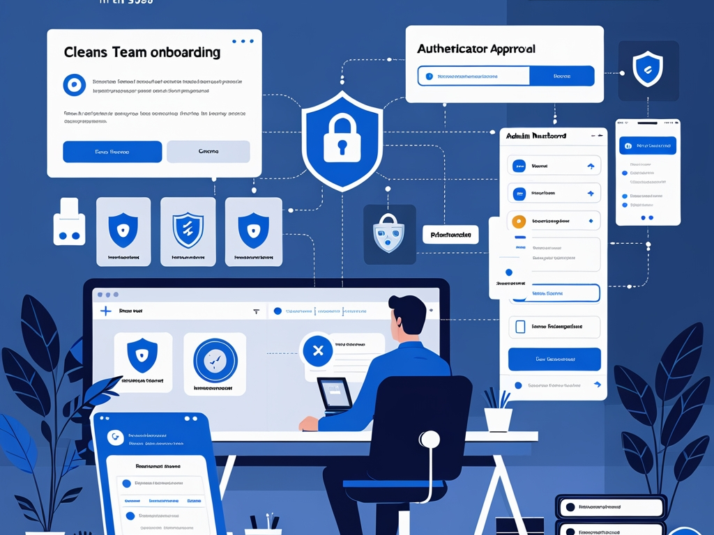 Business security illustration showing a password manager vault, passkey login, MFA approval prompts, and SaaS admin rollout controls