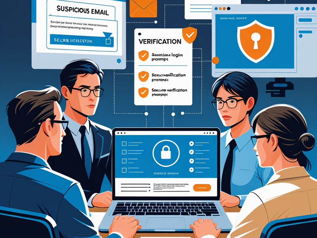 Phishing defense illustration showing office staff reviewing suspicious email alerts, secure sign-in prompts, and a verification checklist on modern work devices