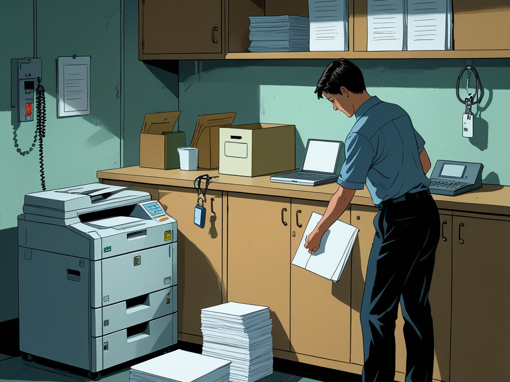 Small office copy room with a multifunction printer, blank paper stack, locked storage cabinet, and employee badge in a clean editorial scene without visible text