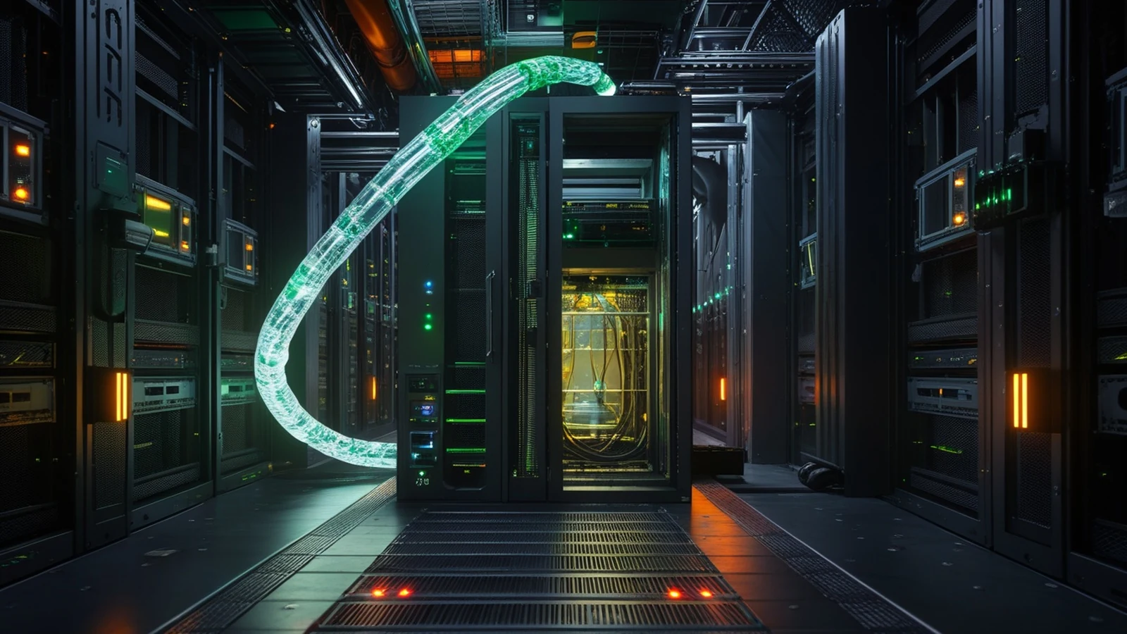 PrivateGPT SSRF defense shown as an isolated AI ingestion gateway blocking a redirected data conduit inside a dark server facility