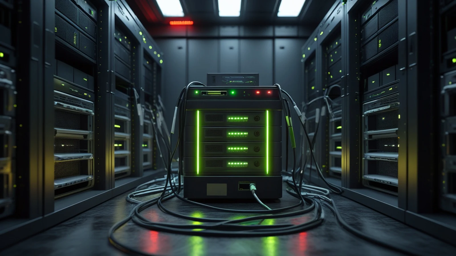Ransomware recovery vendor fraud investigation shown as a dark evidence lab with sealed drives, payment tokens, and a verified clean restore station