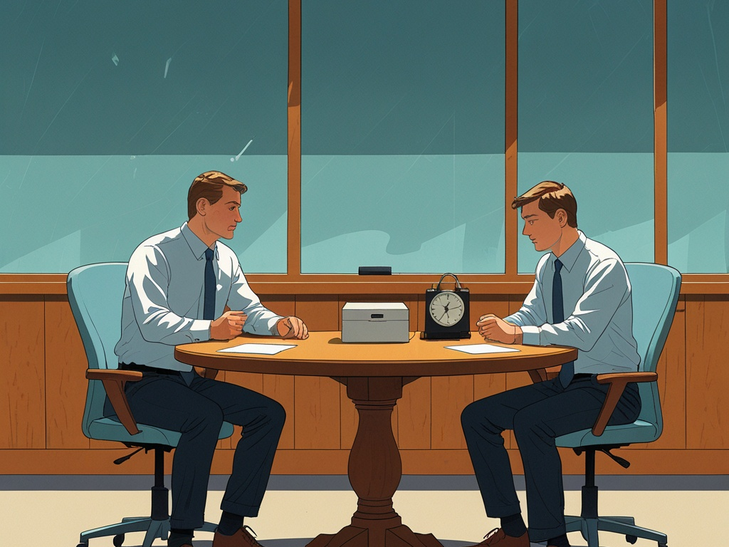 Two small-business colleagues at a meeting table with blank exercise cards, a locked backup drive, a desk phone, and an analog clock
