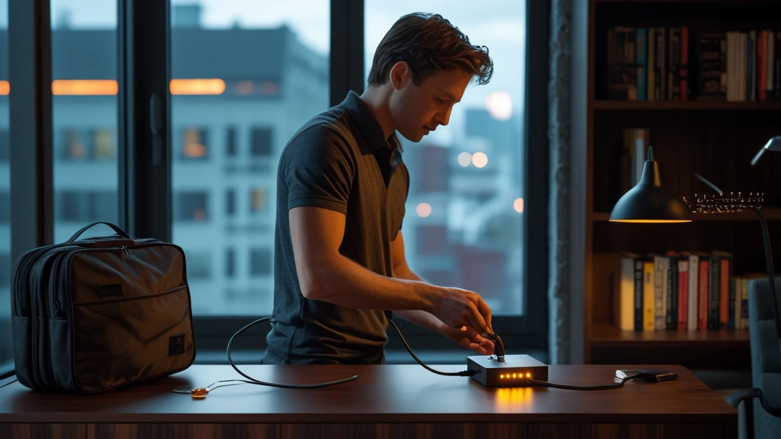 Remote worker securing a laptop at a graphite home office desk beside a home router, security key, and phone during an evening video meeting