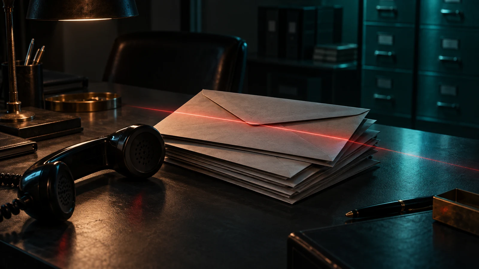 Dark records desk with blank sealed envelopes, an analog telephone, and a red warning line representing a fraudulent government request