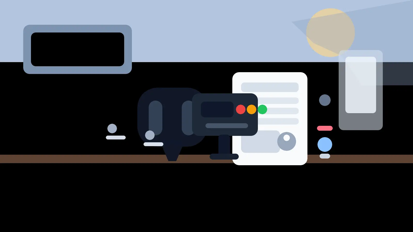 RingCentral data breach editorial scene with a business desk phone, call-center headset, scattered contact cards, and an open office access badge after a social-engineering incident