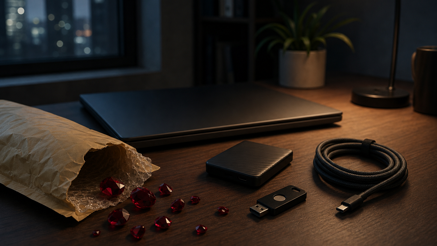 RubyGems supply chain attack scene showing a developer desk with a closed laptop, scattered red gemstones, a torn package mailer, and an external drive