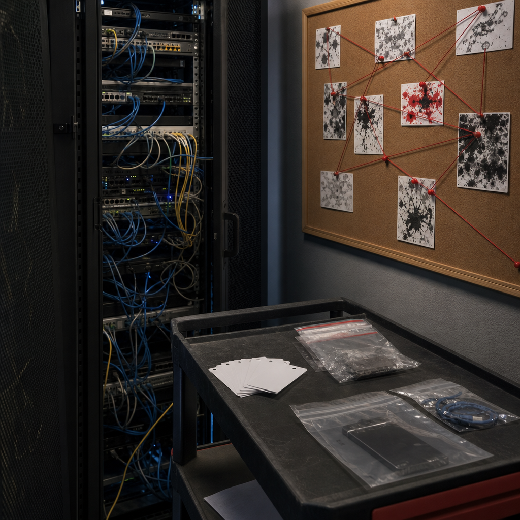 Ruflo MCP flaw scene with an exposed server rack, an API key card on a desk, and pinned incident notes about poisoned AI memory