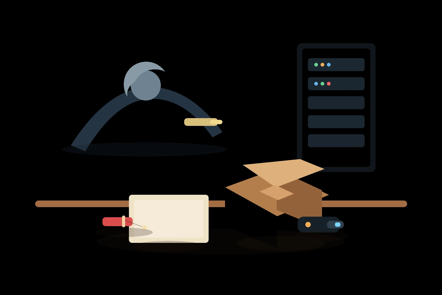 Rust supply chain attack editorial scene with a hardware security key, build server rack, sealed shipping crate, and a cut tamper seal on a release engineer desk