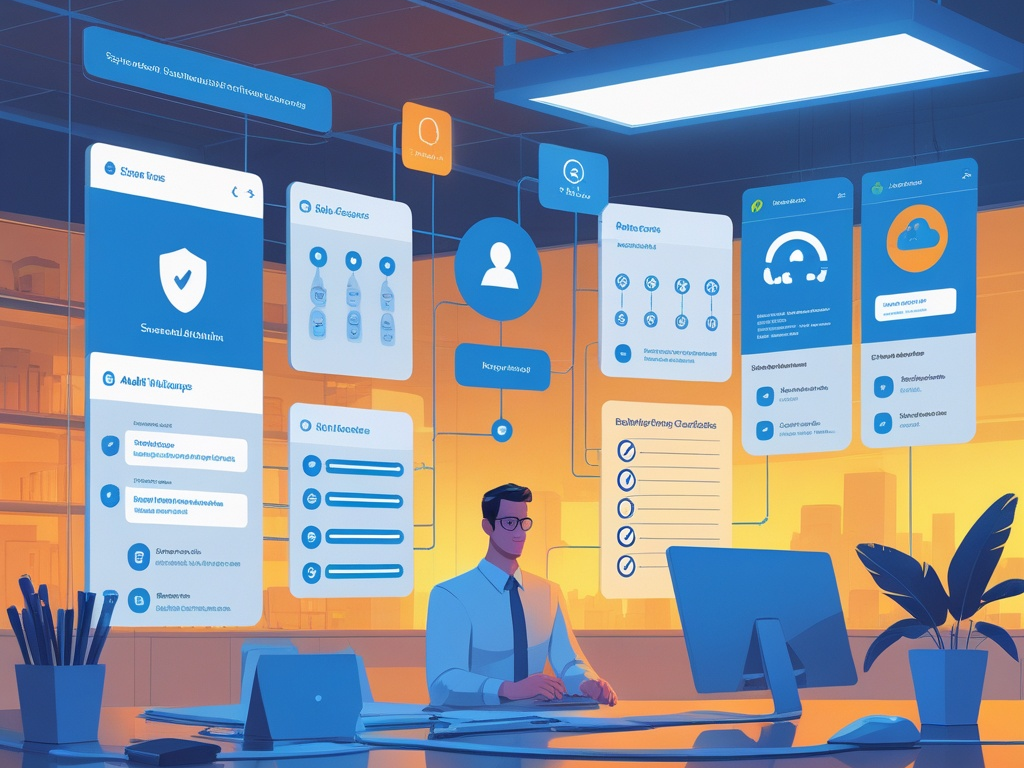 SaaS admin security illustration showing cloud app dashboards, MFA prompts, access roles, audit logs, and offboarding checklist cards