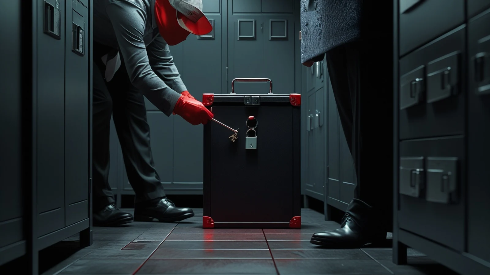 IT administrator at a graphite office desk removing an access badge beside a secured laptop, key cabinet, and locked phone drawer