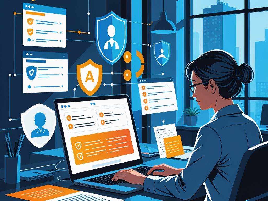 Safe AI use at work illustration showing an approved AI assistant, policy checklist, data protection overlays, and an admin dashboard in a modern office