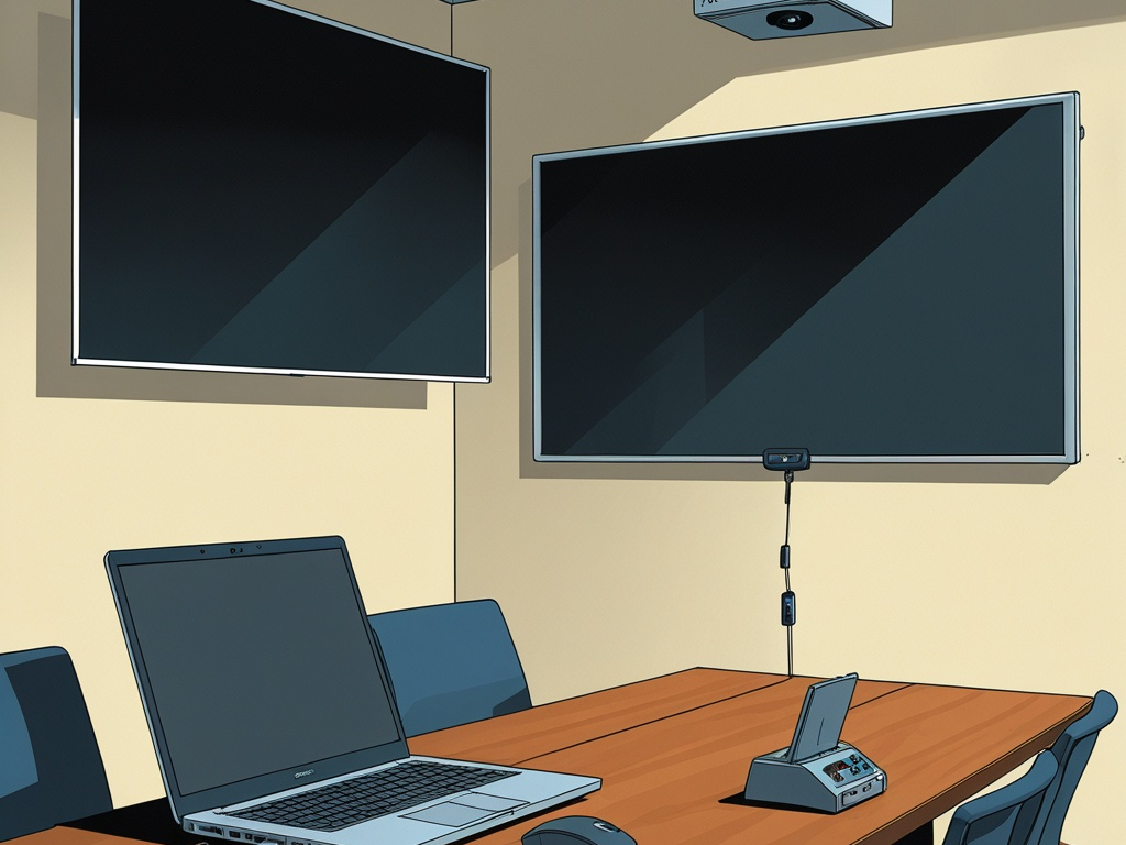 Editorial meeting-room scene with a work laptop, a conference camera, blank wall displays, and presentation hardware prepared for a secure screen-sharing session