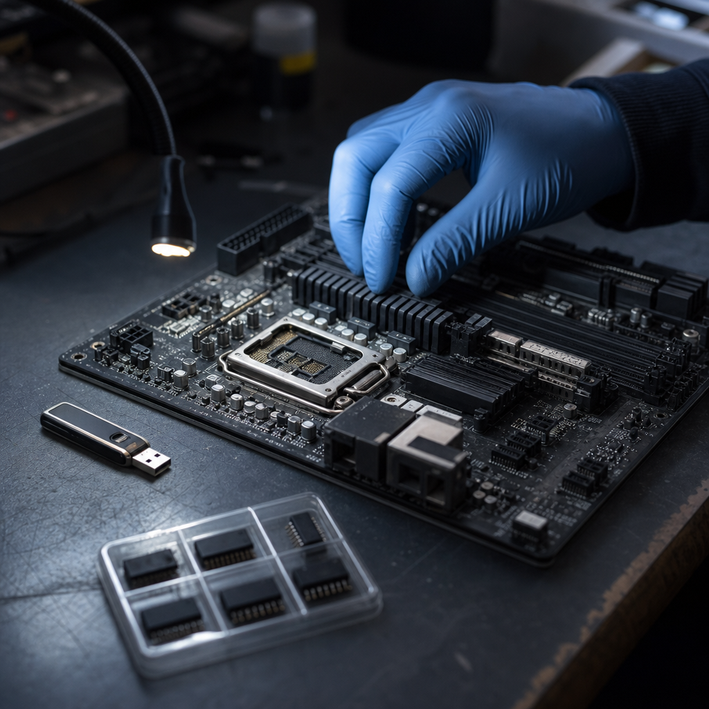 Secure Boot bypass editorial scene with an exposed motherboard, bootable USB drive, and firmware chip on a repair bench