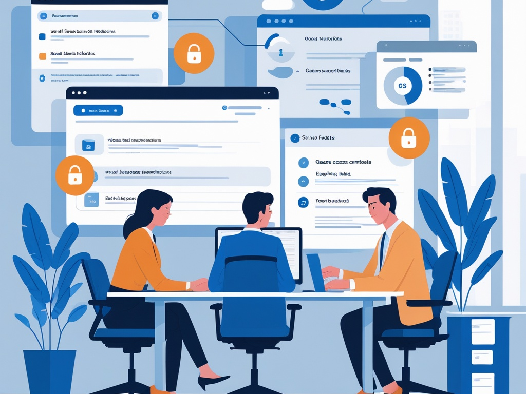 Secure file sharing illustration showing cloud documents, expiring links, guest access review, permission controls, and protected business files