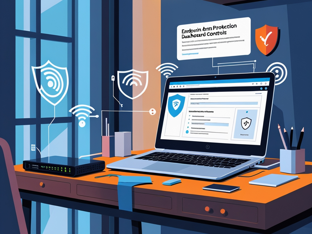 Remote work security illustration showing a home office laptop, protected Wi-Fi router, browser shield, MFA prompt, and SaaS security layers