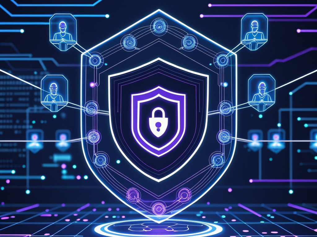 Futuristic cybersecurity visualization showing AI agents in a protected network with shield symbols