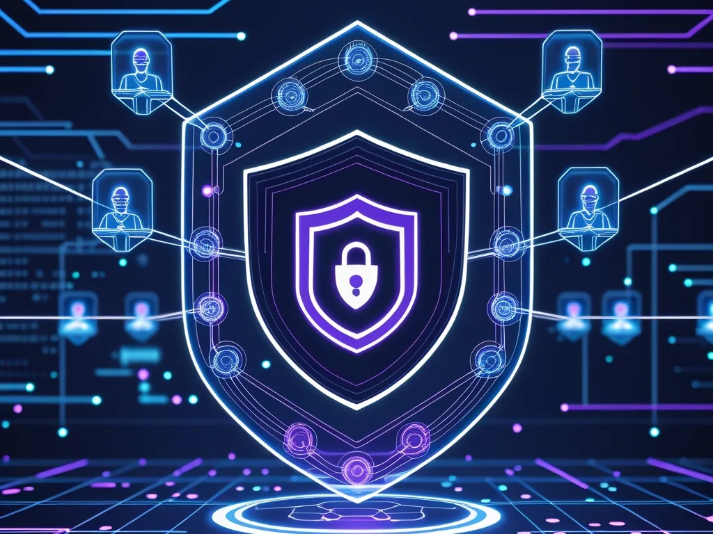 Futuristic cybersecurity visualization showing AI agents in a protected network with shield symbols