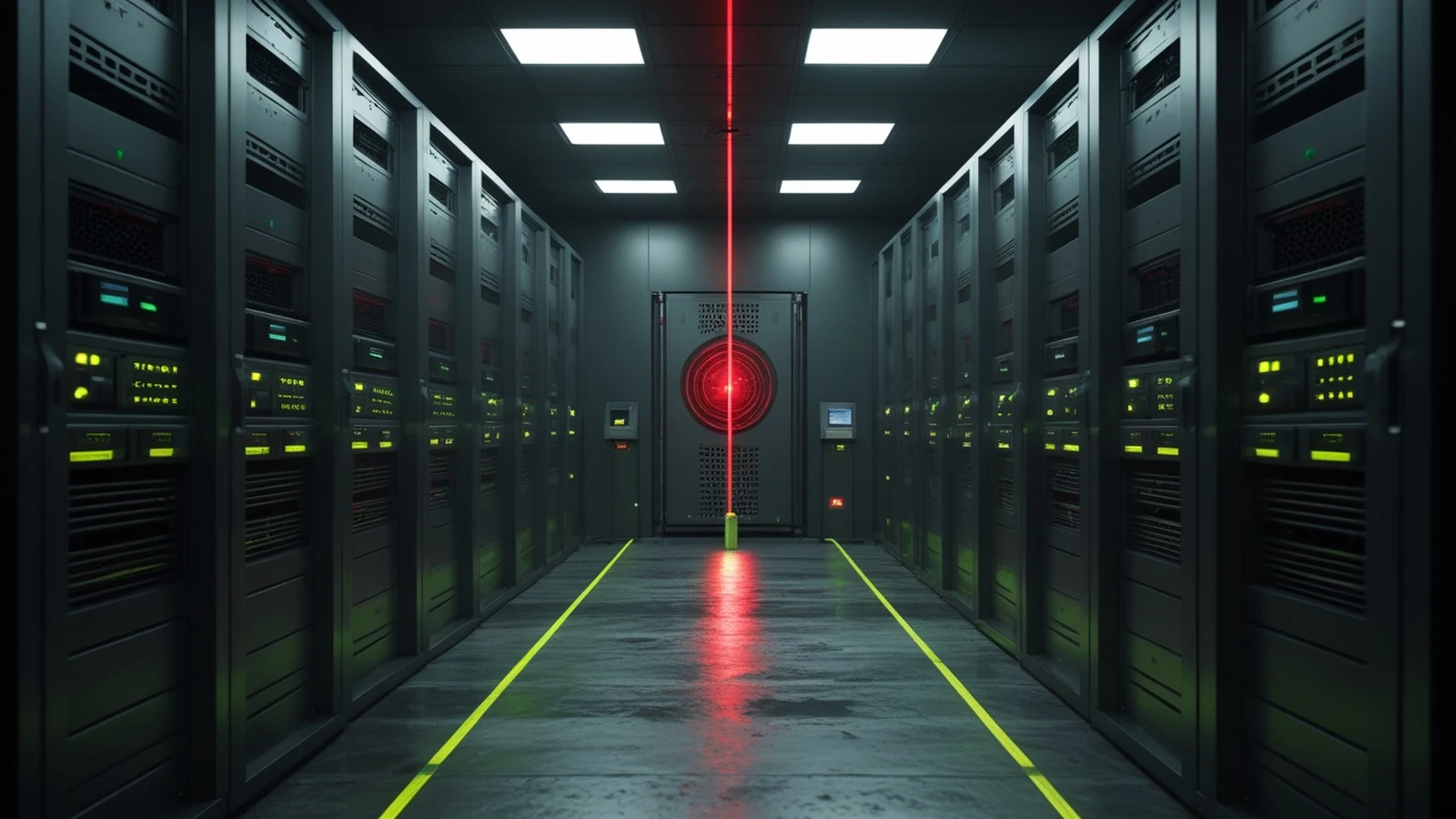 Session revocation after password reset shown as a dark secured access corridor closing active identity paths to a data archive
