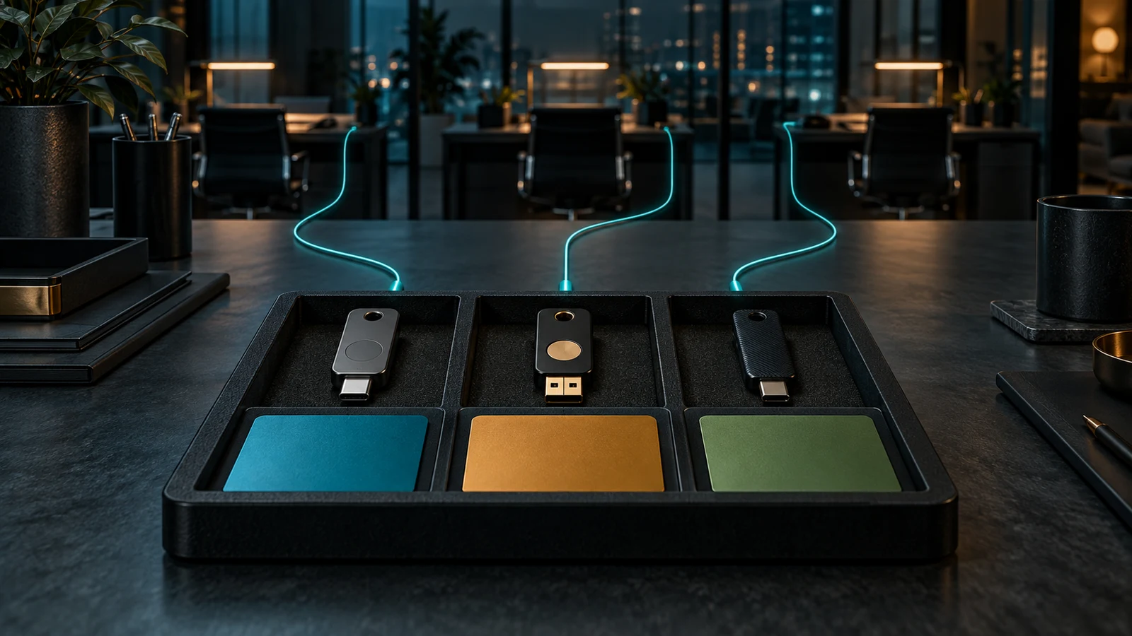 Separate hardware security keys and access cards in an organized tray, with distinct connection paths across a dark shared office