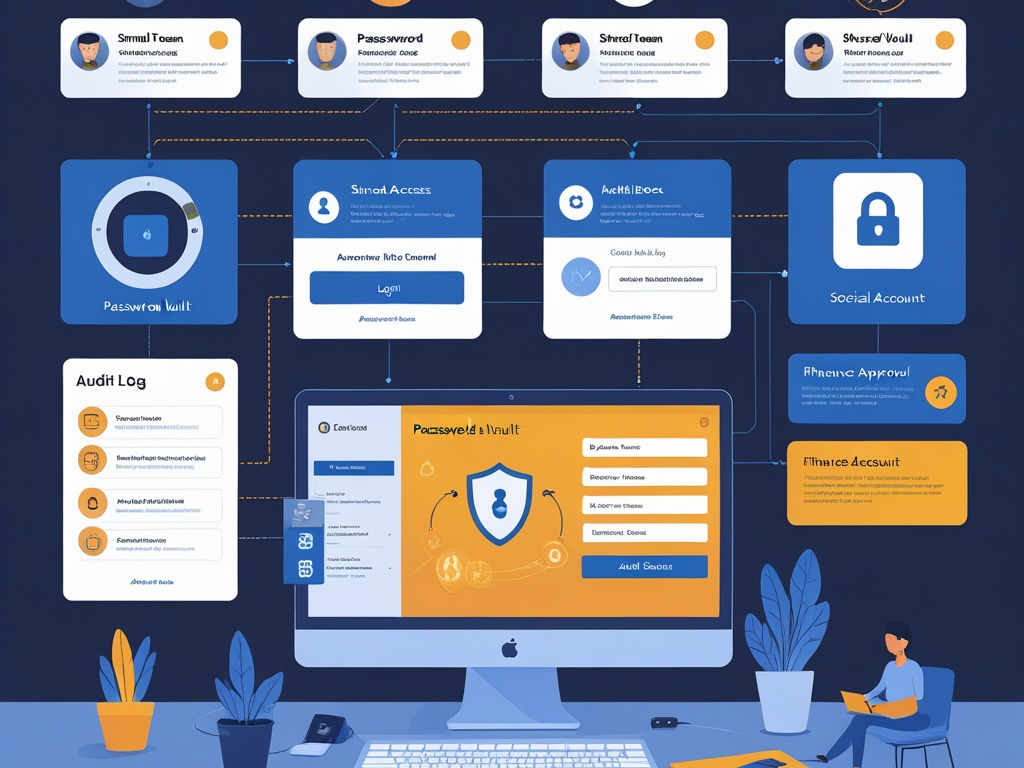 Shared account security illustration showing a business password vault, role-based access cards, a shared inbox, audit logs, and MFA prompts for a small team