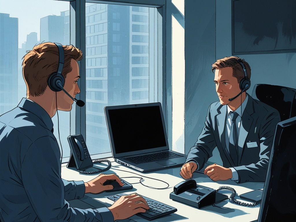 Editorial office scene showing a customer support desk with a headset, desk phone, dark-screen laptop, and access badge during a team handoff
