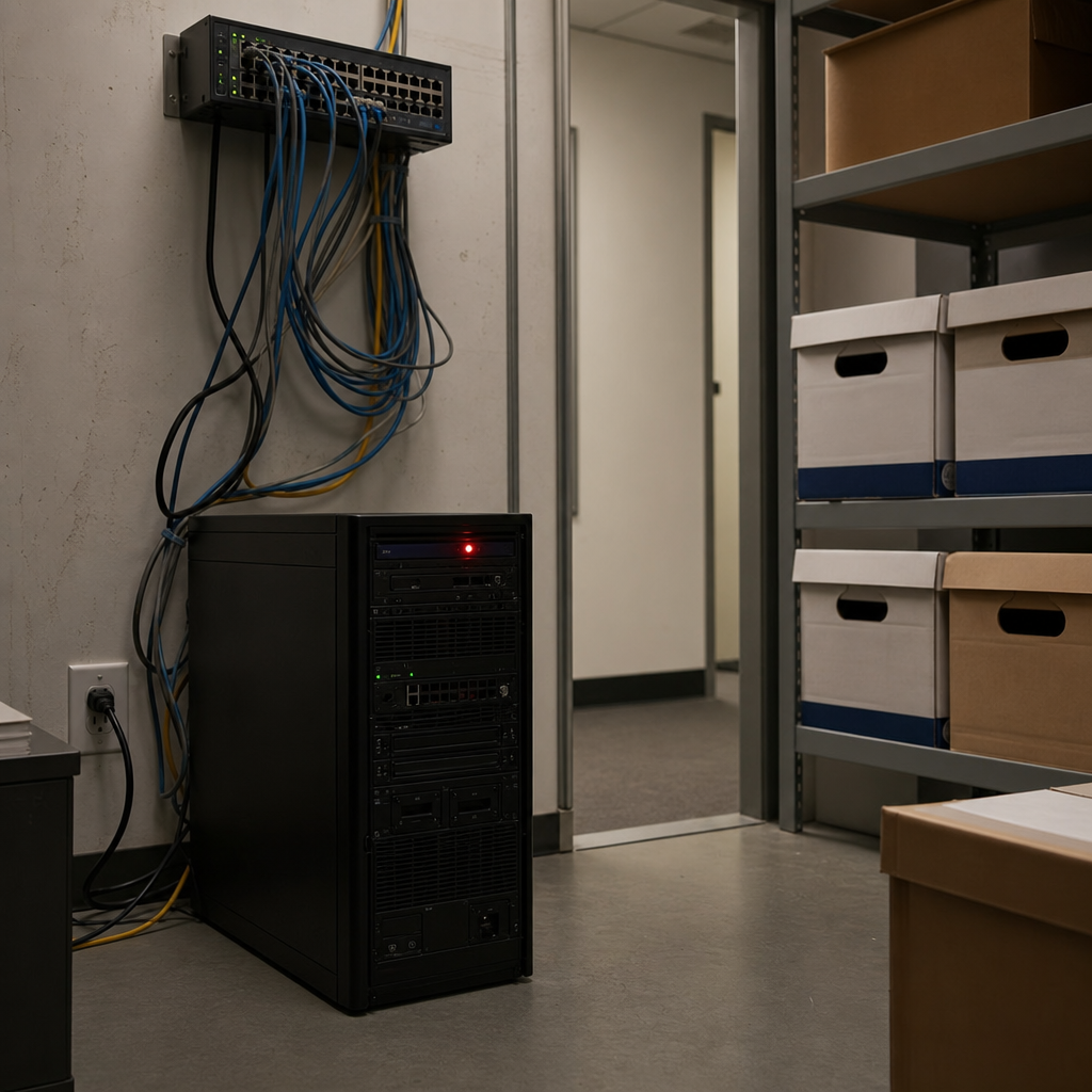 ShareFile Storage Zone Controller threat scene with an offline server rack, network gear, and file boxes in a small office back room