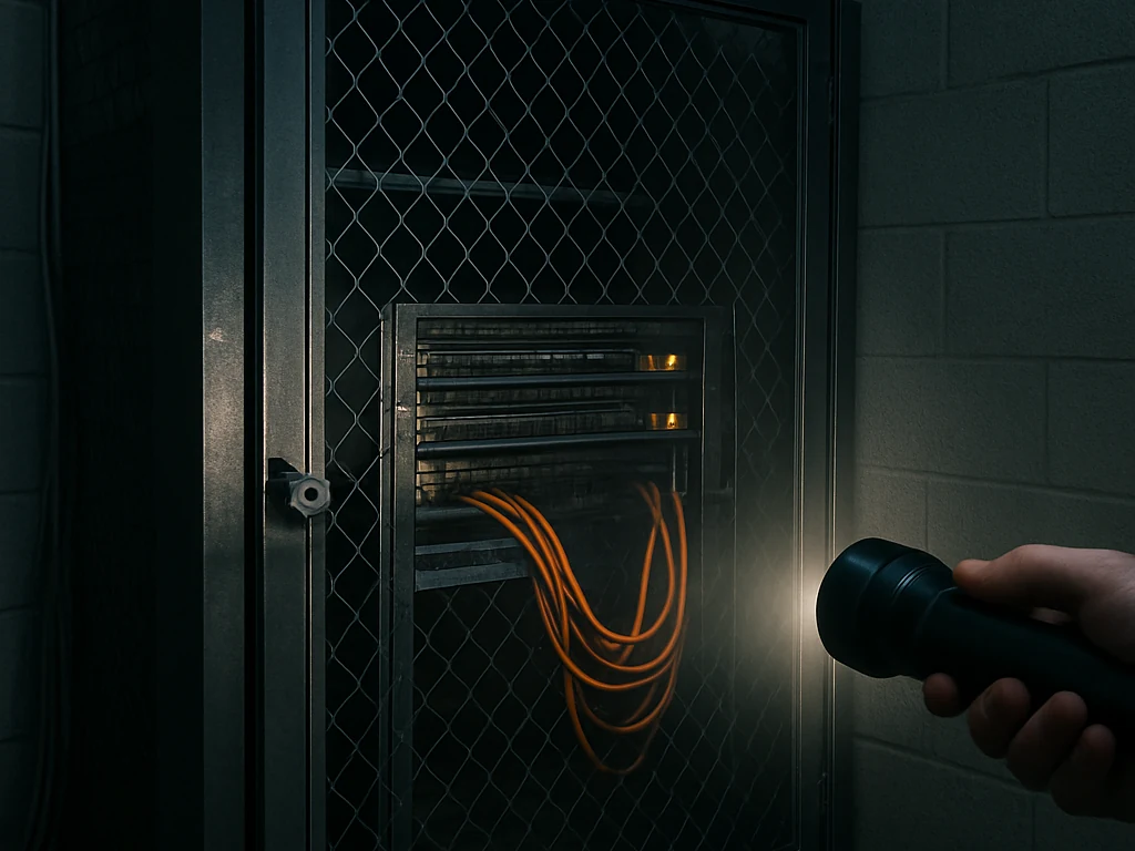 SharePoint vulnerabilities editorial scene with a caged rack-mounted server, patch cables, and a flashlight inspection in a dim server room