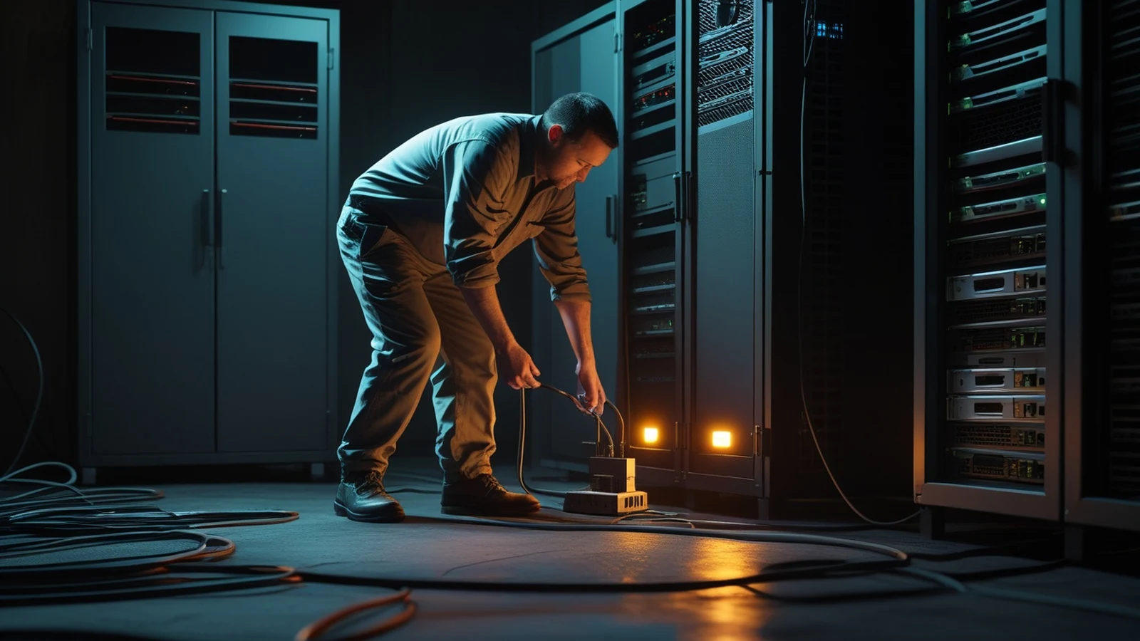 Windows endpoint security technician in a graphite server room physically isolating a workstation beside a secured equipment rack and amber status light