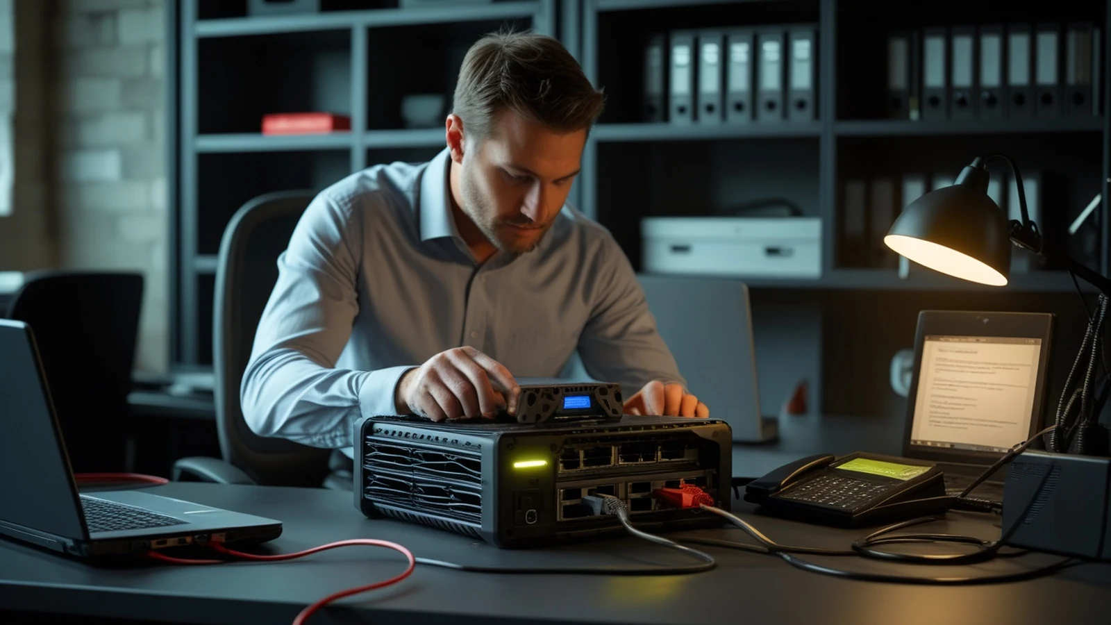 Small-business IT manager restoring a server backup in a graphite office beside a rack-mounted storage device, labeled drives, and a softly lit desk phone