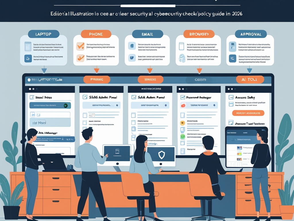 Small business cybersecurity policy illustration showing employees reviewing security rules across email, SaaS apps, AI tools, browser settings, MFA, and device access in a modern office
