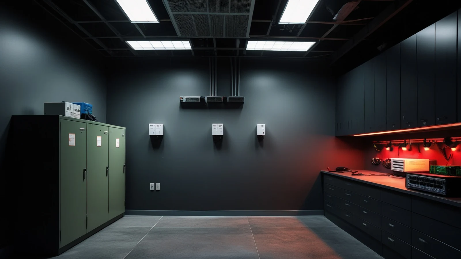 Dark small-business equipment room with a secured cabinet, network switch, backup power unit, and organized office infrastructure