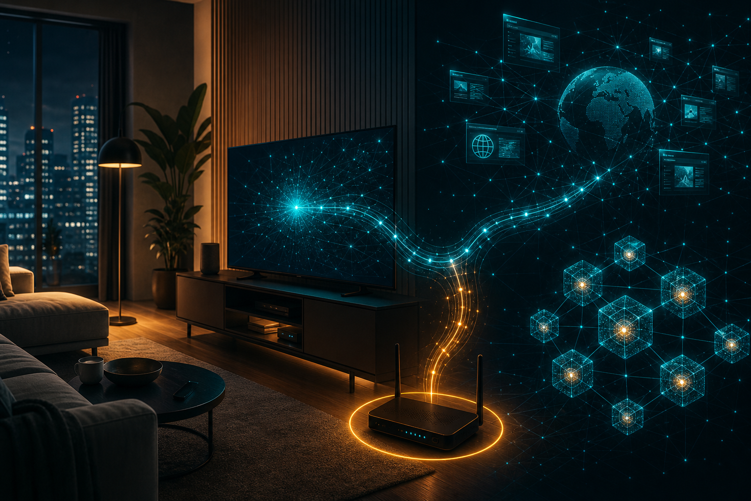 Smart TV web scraping for AI visual showing a connected television acting as a residential proxy node for web traffic