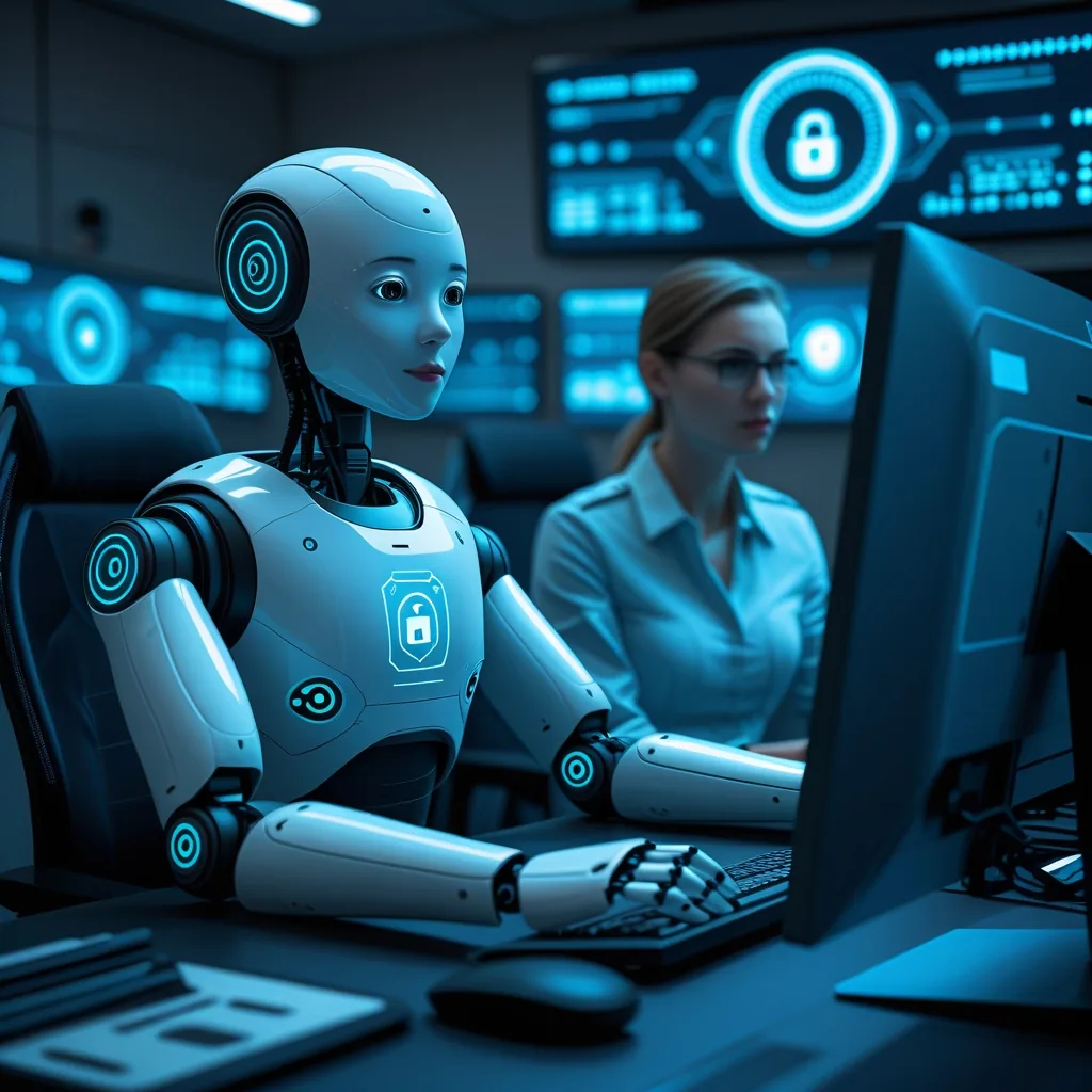 AI robot and human security analyst working together in futuristic SOC