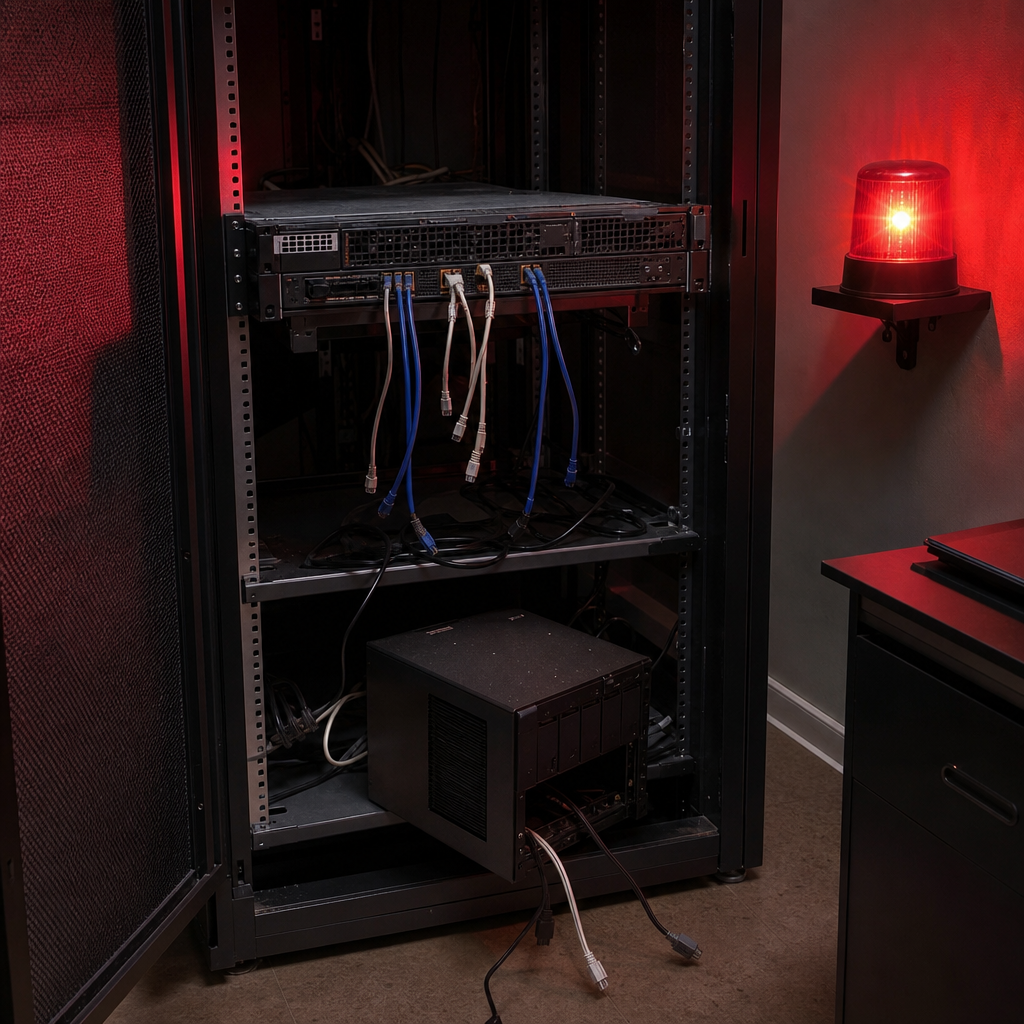 Spirals ransomware editorial scene with a rack server, disconnected backup appliance, and a red warning light in a small server room