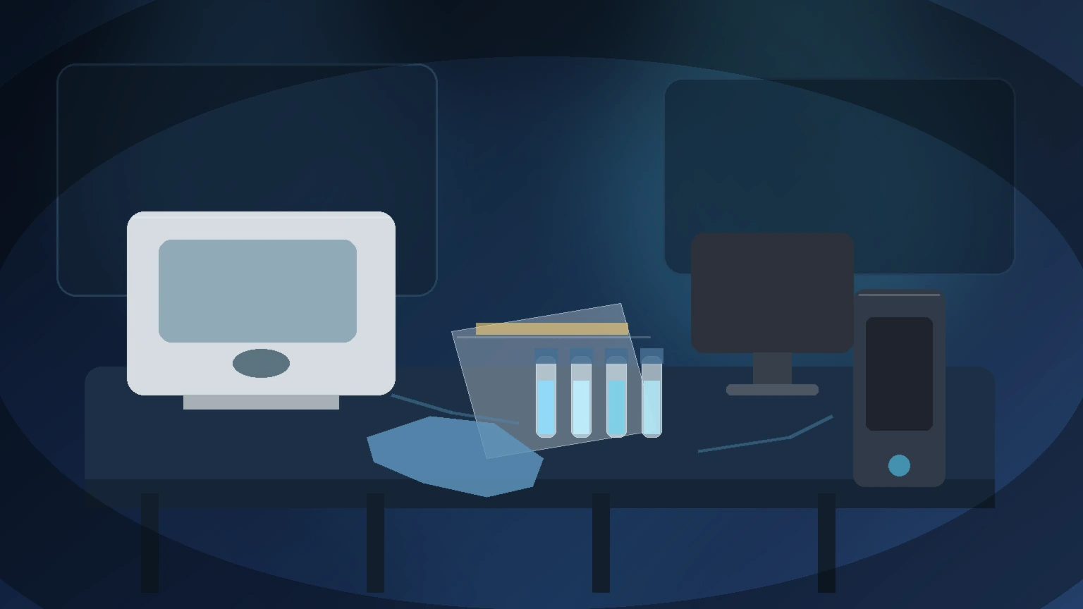 Thermo Fisher DNA file tampering vulnerability editorial scene with a forensic lab workstation, DNA sample tubes, and a sequencing instrument
