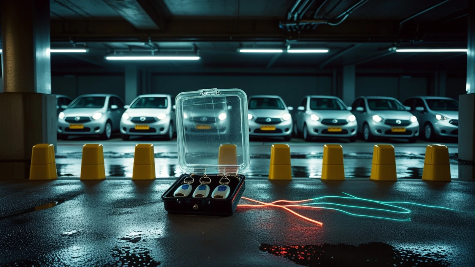 Times Car data breach scene with a car-sharing garage, exposed key fobs, and security signal trails at night
