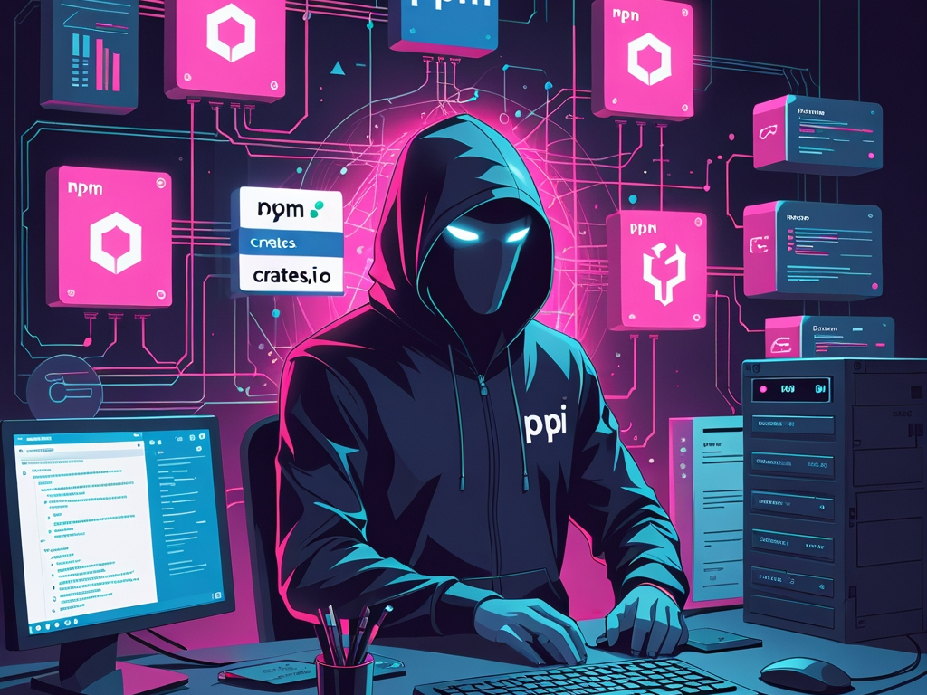 AI developer workstation under a cross-ecosystem package supply chain attack with poisoned config files, secret keys, and malicious dependency boxes