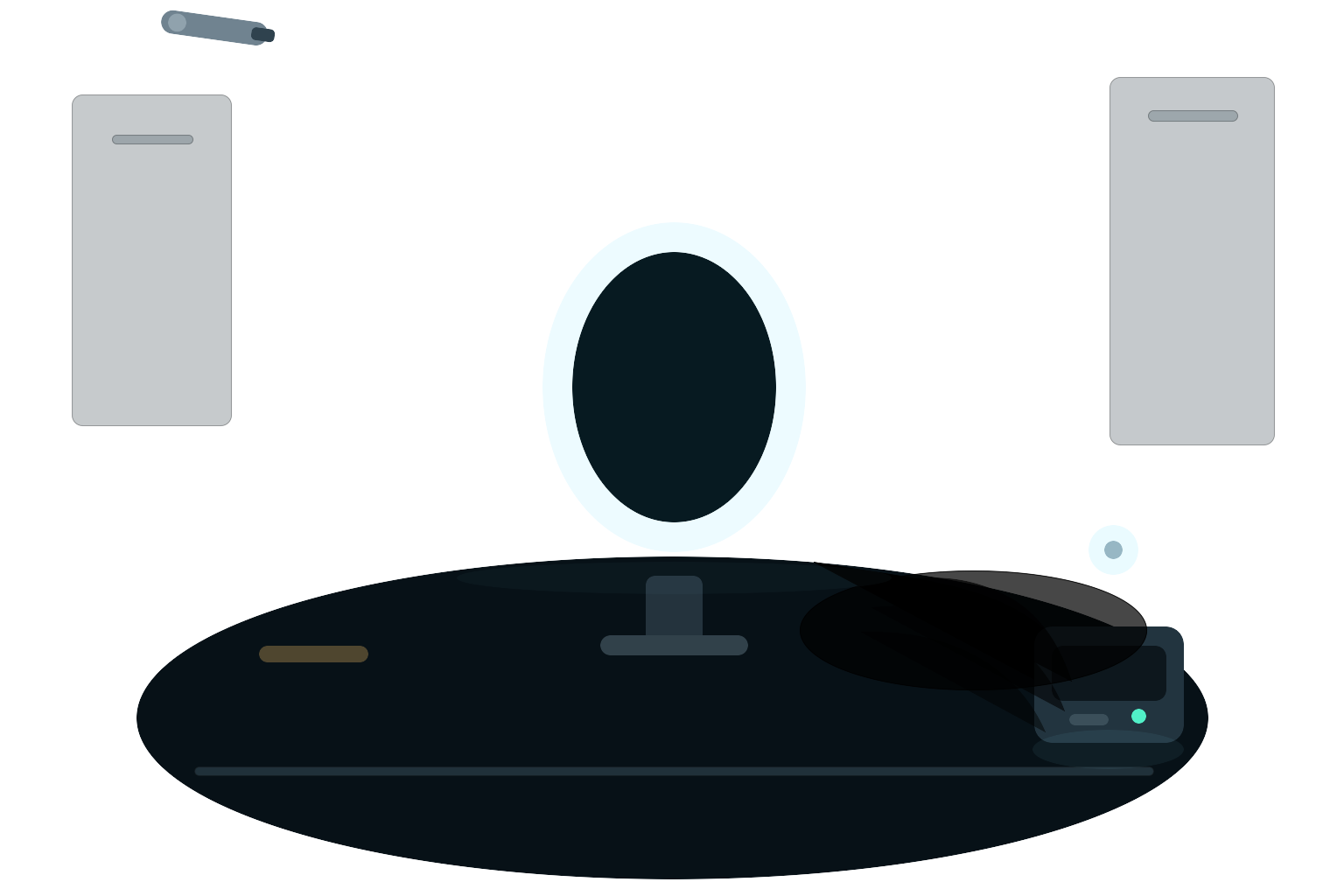 TrojPix attack illustration showing an air-gapped workstation, dark monitor, video cable emissions, and a nearby radio receiver capturing leaked data