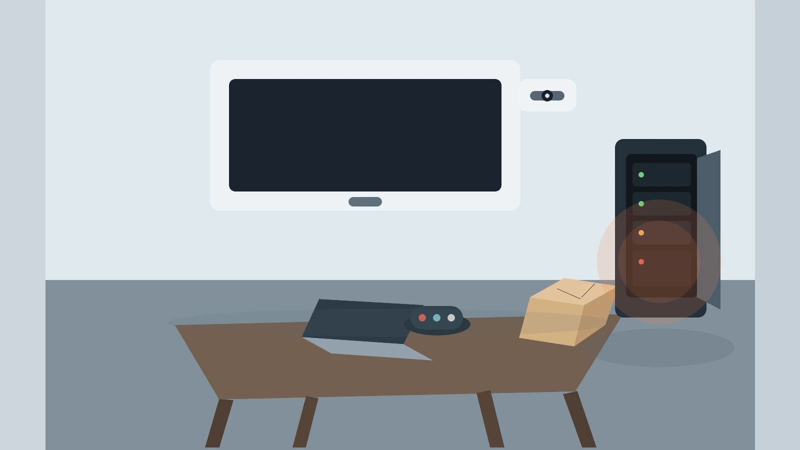 Conference room editorial scene with a wall camera, a tabletop speakerphone, a side rack server, and an unattended laptop receiving a poisoned software update package
