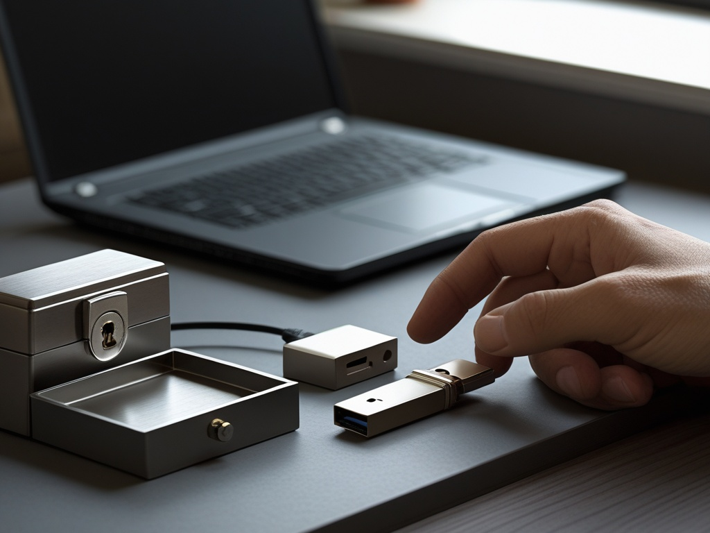 Editorial desk scene with a dark work laptop, a plain USB drive, and a small lockbox representing USB device security at work