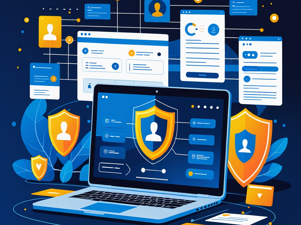 Vendor access security illustration showing a SaaS admin panel, contractor accounts, MFA shield, and third-party risk review dashboard